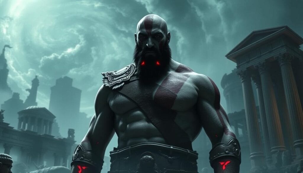 A colossal, imposing figure of Kratos, the God of War, stands resolute and commanding, his muscular form cast in a dramatic chiaroscuro of light and shadow. Glowing red markings adorn his skin, a testament to the power and fury that courses through his veins. In the background, a swirling maelstrom of ancient Greek architecture and towering, crumbling monuments bear witness to the devastation and cultural upheaval that has followed in the wake of his violent crusades. The scene exudes a sense of both awe-inspiring grandeur and unsettling, primal menace, capturing the enduring legacy of this iconic video game character.