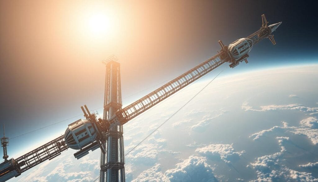 A colossal space elevator system soaring into the heavens, with its sleek, modular design and intricate web of energy conduits and propulsion mechanisms. Towering support structures, festooned with solar panels and wind turbines, harvest the boundless energy of space to power the ascent of a graceful, capsule-like carriage. Cutting-edge plasma thrusters and electromagnetic accelerators line the length of the tether, propelling the carriage upwards with immense force. Bathed in the warm glow of the Sun, the entire assembly radiates an aura of technological magnificence, a testament to humanity's engineering prowess and our ambition to reach the stars.