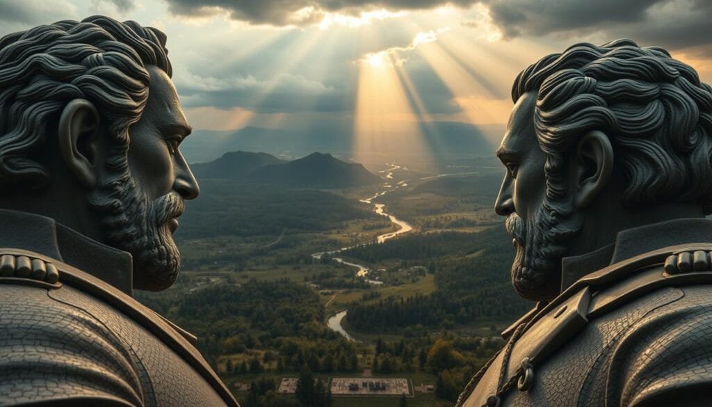 A commanding aerial view of a historical military strategy comparison. In the foreground, two towering, life-like statues of legendary generals locked in intense debate, their weathered faces etched with tactical brilliance. The middle ground reveals a sweeping, cinematic landscape of rolling hills, dense forests, and winding rivers, dotted with the miniature formations of troops and artillery. The background is a dramatic, storm-swept sky, with rays of golden light piercing through the clouds, creating an air of gravitas and grandeur. The scene is rendered in a highly detailed, photorealistic style, with a shallow depth of field and a cinematic, wide-angle lens to convey the epic scope of the subject matter.