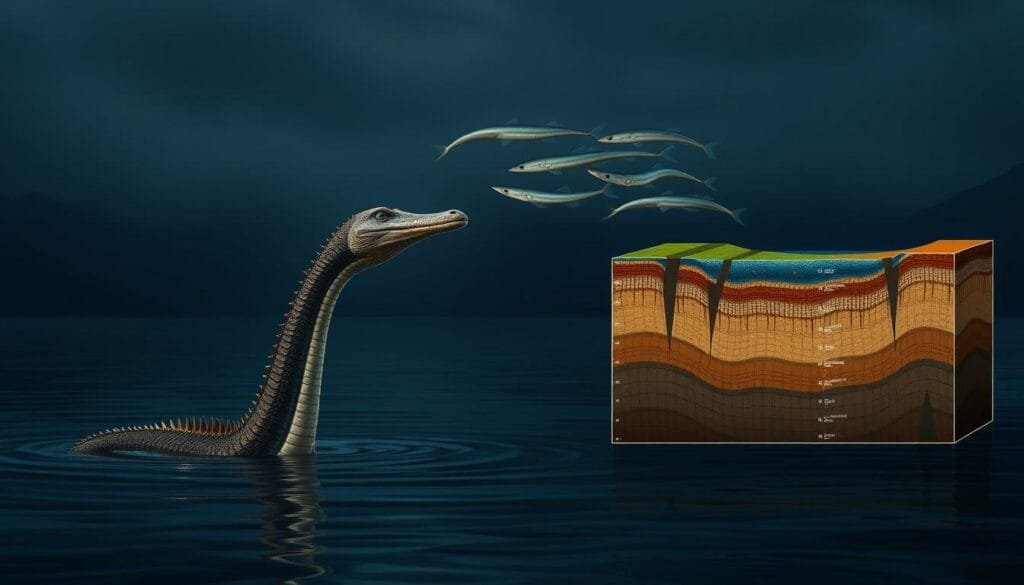 A comparative analysis of Loch Ness monster theories, depicted as a detailed scientific illustration. In the foreground, a plesiosaurus-like creature emerges from the still, dark waters, its long serpentine neck and finned body illuminated by soft, natural lighting. In the middle ground, a school of large eels undulate, hinting at alternative explanations. The background features a cross-section of the loch, with geological formations and depth measurements, conveying a sense of scientific inquiry. The overall mood is one of measured investigation, with a touch of mystery surrounding the elusive "monster" of the deep.