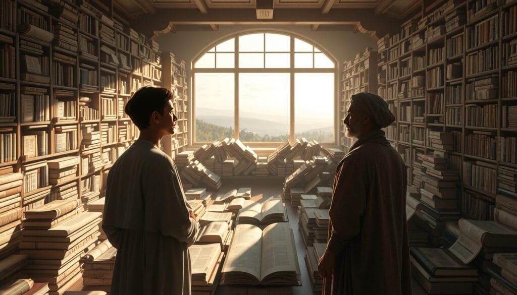 A comparative study of ethical frameworks, set against a backdrop of philosophical books and scrolls. In the foreground, three figures representing the core approaches - universal morality, evolutionary ethics, and cultural relativism - stand in contemplation. Soft, directional lighting illuminates their pensive expressions, while a muted color palette evokes the intellectual gravity of the subject. The middle ground features a sprawling library, with towering shelves casting long shadows across the scene. In the distance, a window offers a glimpse of a serene, natural landscape, hinting at the broader context and complexities of the ethical debate. The overall composition conveys a sense of scholarly discourse, inviting the viewer to delve deeper into the comparative analysis of these moral philosophies.