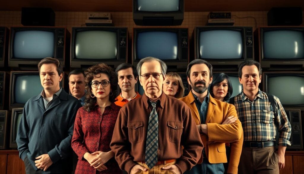 A comparison of classic sitcom characters against a background of television screens, capturing the distinctive comedic styles and moral complexities of Seinfeld and other renowned situation comedies. Warm, natural lighting highlights the dimensional, photorealistic figures, inviting the viewer to ponder the nuances of antiheroic behavior. The scene is framed to emphasize the visual parallels and contrasts, drawing the eye across the ensemble with cinematic depth and composition.