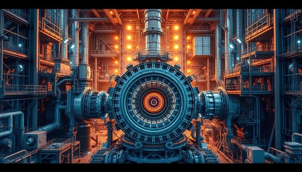 A complex engineering marvel unfolds before us, a fusion reactor in its full glory. The foreground showcases the intricate reactor core, its sophisticated containment systems and advanced superconducting magnets controlling the intense plasma reaction. In the middle ground, various support systems and maintenance gantries surround the reactor, highlighting the scale and complexity of this cutting-edge technology. The background reveals the reactor's sleek, futuristic architecture, bathed in a warm, authoritative lighting that conveys a sense of scientific progress and human ingenuity. The overall scene evokes a mood of technical prowess, innovation, and the promise of a new era of clean, limitless fusion energy.