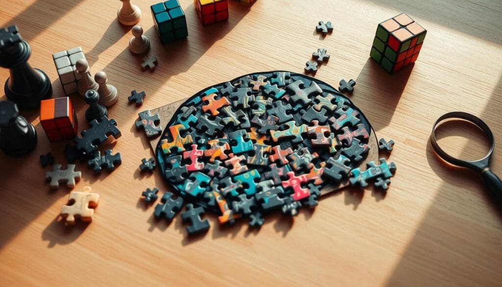 A complex jigsaw puzzle lying on a wooden surface, surrounded by various brain-stimulating objects such as chess pieces, Rubik's cubes, and a magnifying glass. The puzzle features an intricate design with vibrant colors and a range of shapes, challenging the viewer's problem-solving skills. Soft, directional lighting casts shadows, adding depth and texture to the scene. The overall atmosphere is one of intellectual curiosity and cognitive engagement, inviting the viewer to dive into the puzzle's depths and unlock the potential for enhanced brain development.