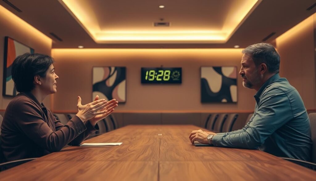 A conference room with a large wooden table surrounded by chairs. Overhead, a warm, diffused lighting illuminates the space, casting a mellow glow. In the foreground, two individuals are engaged in a lively debate, their gestures and expressions conveying a sense of thoughtful discussion. Behind them, the walls are adorned with abstract artwork, hinting at the creative and intellectual atmosphere. In the background, a digital clock displays the time, emphasizing the need to manage the debate's pacing. The overall scene exudes a sense of productive and respectful dialogue, where ideas are exchanged with care and consideration.