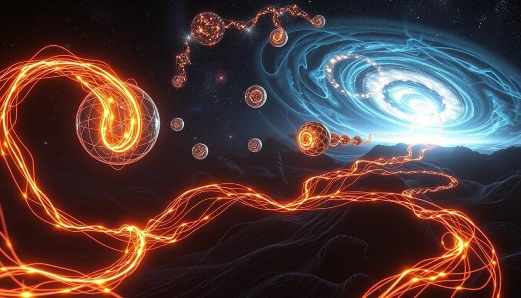A cosmic vista of the evolution of wormhole theory. In the foreground, glowing strands of spacetime twist and contort, hinting at the exotic geometry of these elusive tunnels through the fabric of reality. The middle ground features shimmering, translucent spheres representing different stages of wormhole development, from the initial theoretical predictions to modern scientific models. In the distant background, swirling nebulae and distant galaxies provide a sense of the vast, interconnected cosmos in which these phenomena may exist. Lighting is dramatic and moody, with deep shadows and shafts of ethereal light illuminating the scene. The camera angle is slightly elevated, allowing the viewer to peer into this abstract, metaphysical landscape of spacetime and gravitational enigmas.
