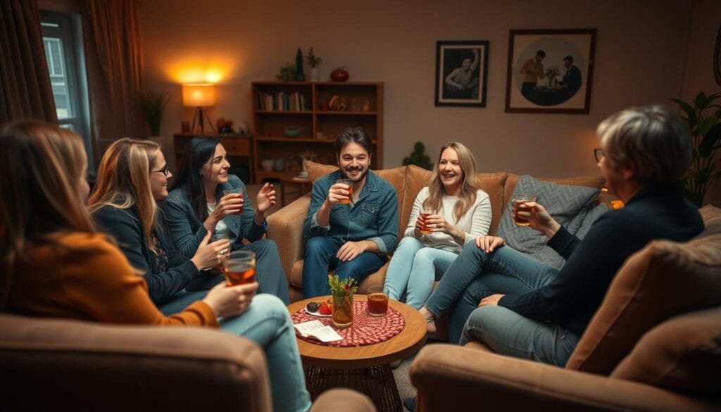 A cozy and relaxed gathering of friends, engaged in casual conversation over drinks and snacks. The scene is set in a warm, softly lit living room, with plush couches and armchairs arranged in a inviting circle. The mood is one of easy camaraderie, with lively expressions and gestures as the group exchanges questions and anecdotes, seeking to learn more about each other. The lighting is a harmonious blend of diffused natural light and subtle ambient illumination, creating a comfortable, intimate atmosphere. The camera angle captures the gathering from a slightly elevated perspective, providing a sense of inclusion and observation of the friendly social interaction.