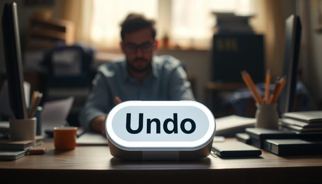 A cozy everyday scene, a person seated at a desk, surrounded by office supplies and devices. In the foreground, a large undo button hovers, glowing with a soft light, inviting the viewer to press it. The background is blurred, suggesting a sense of focus on the button. Dramatic side lighting creates deep shadows, adding a sense of tension and anticipation. The overall mood is one of contemplation, as the viewer imagines the power to undo everyday mistakes with a single click.