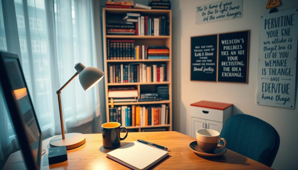 A cozy home office setting, with a desk featuring a warm desk lamp, a notebook, and a cup of coffee. In the background, a bookshelf filled with volumes on debate and rhetoric. On the walls, inspirational quotes and visuals related to effective communication and idea exchange. The lighting is soft and inviting, creating a contemplative atmosphere. The camera angle is slightly elevated, providing a birds-eye view of the workspace, suggesting a thoughtful, strategic approach to the art of debating.