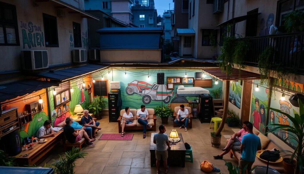 A cozy hostel nestled in a bustling urban landscape, with backpackers congregating in the courtyard. Vibrant murals adorn the walls, casting a warm glow over the eclectic mix of budget-friendly accommodations. Travelers lounge on simple yet comfortable furnishings, sharing stories and planning their next adventure. The scene is illuminated by soft, diffused lighting, creating an inviting atmosphere that reflects the camaraderie and budget-conscious spirit of the modern backpacking experience.