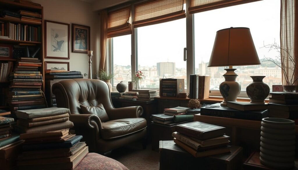 A cozy living room filled with a collection of everyday objects, each seemingly imbued with a sense of life and memory. Soft, warm lighting casts a gentle glow, illuminating the intricate details and textures of a well-worn armchair, a stack of worn books, a vintage lamp, and a delicate ceramic vase. In the background, a large window offers a glimpse of a vibrant cityscape, hinting at the rich tapestry of stories and experiences that these objects may have witnessed. The overall atmosphere evokes a sense of nostalgia, inviting the viewer to ponder the hidden narratives that lie within these seemingly ordinary items.