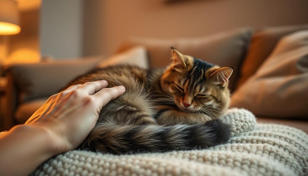 A cozy living room with a contented cat curled up on a soft, plush blanket, purring softly. Warm, diffused lighting casts a soothing glow, creating an atmosphere of tranquility and relaxation. In the foreground, a human hand gently strokes the cat's fur, fostering a deep, therapeutic connection. The cat's body language exudes a sense of comfort and well-being, inviting the viewer to experience the calming, restorative power of the feline's rhythmic purr. The background features muted, earthy tones, further enhancing the serene, meditative mood. The overall scene conveys the profound benefits of the cat's therapeutic purr and the profound impact it can have on human health and emotional well-being.