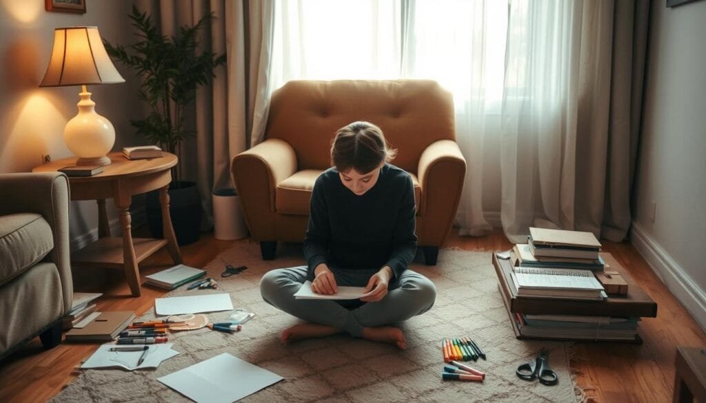 A cozy living room with a well-worn armchair, a side table with a lamp casting a warm glow, and an array of creative supplies scattered about - markers, colored pencils, sketchbooks, and a pair of scissors. The room is bathed in soft, natural light filtering through sheer curtains, creating a serene and contemplative atmosphere. In the center, a person sits cross-legged on the floor, immersed in a hands-on creative project, their face alight with a sense of focus and discovery. The overall scene conveys a sense of embracing boredom as an opportunity for imaginative exploration and personal expression.