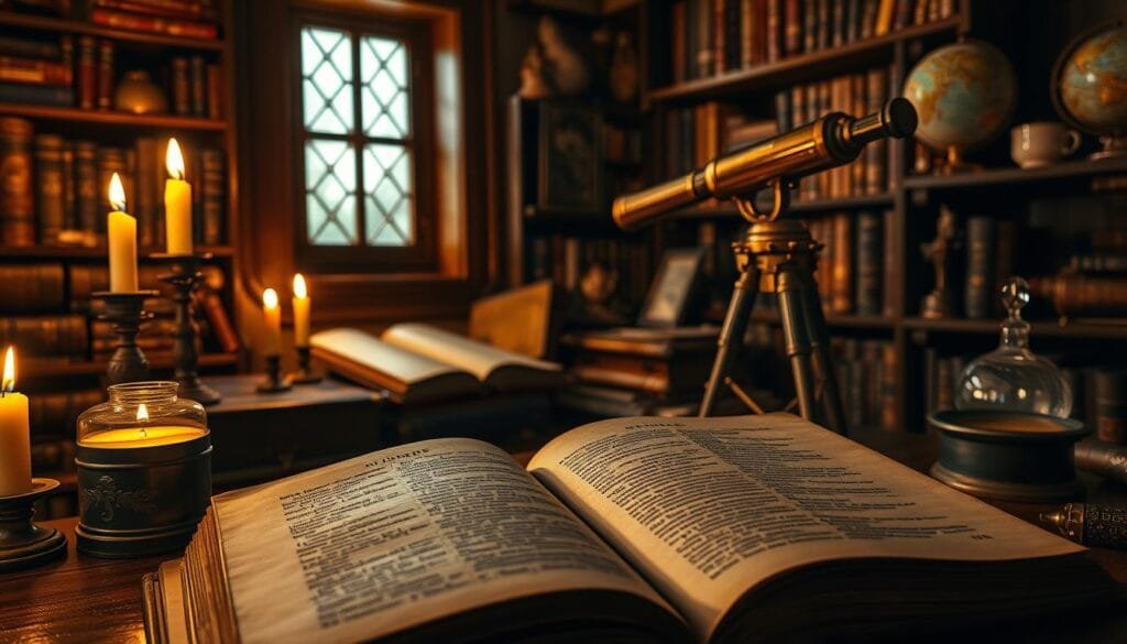 A cozy study filled with the trappings of a 19th century expedition, illuminated by warm candlelight. In the foreground, a well-worn leather-bound book lies open, its pages detailing the fantastical journey of Jules Verne's classic novel. In the middle ground, an ornate brass telescope points towards a window, hinting at the mysteries that await beyond. The background is adorned with shelves of ancient tomes, globes, and other scientific instruments, evoking the spirit of exploration and discovery. An air of intrigue and adventure permeates the scene, inviting the viewer to embark on their own interior expedition.
