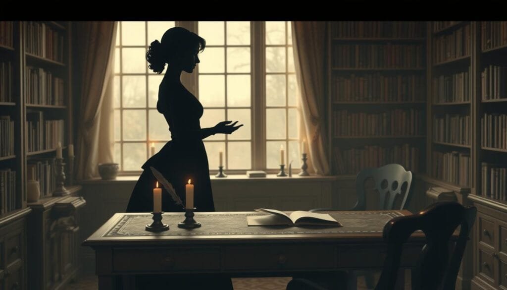 A cozy study with an antique writing desk and quill set, illuminated by warm candlelight. Graceful silhouettes of Elizabeth Bennet and an AI assistant hover over the desk, engaged in animated discussion. Bookshelves line the walls, hinting at the rich literary legacy they explore. Soft, muted tones create an atmosphere of contemplation and creative synergy, as the duo reimagines Bennet's iconic story through the lens of modern technology.