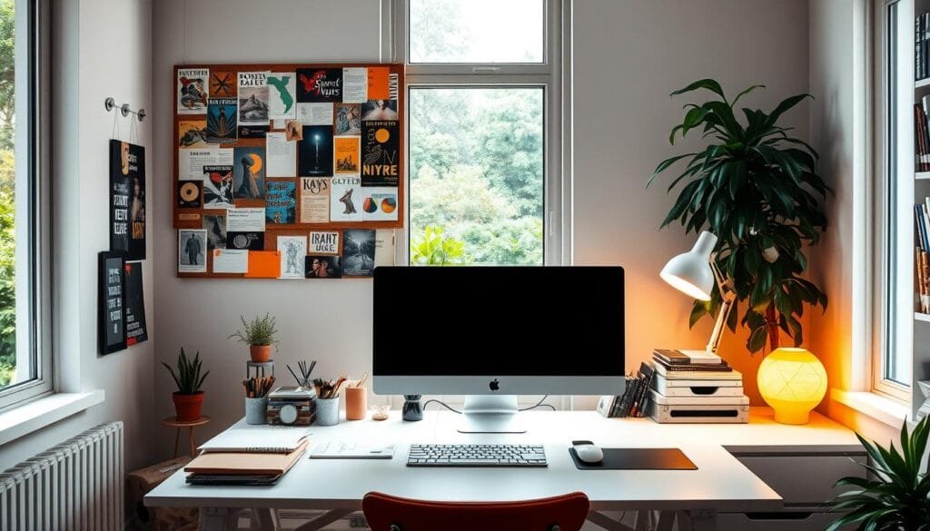 A cozy, well-lit creative workspace bathed in natural light. In the foreground, a sleek, minimalist desk with an array of art supplies and a state-of-the-art computer setup. Hanging above, an inspirational mood board bursting with vibrant colors, captivating artwork, and thought-provoking clippings. At the back, a large window offers a panoramic view of a lush, verdant garden, inviting moments of contemplation and rejuvenation. The space exudes an air of calm productivity, a perfect balance of focus and free-flowing creativity. Warm, diffused lighting casts a soft, inviting glow, encouraging the mind to wander and make unexpected connections. This is a space designed to ignite the imagination and foster the development of bold, innovative ideas.