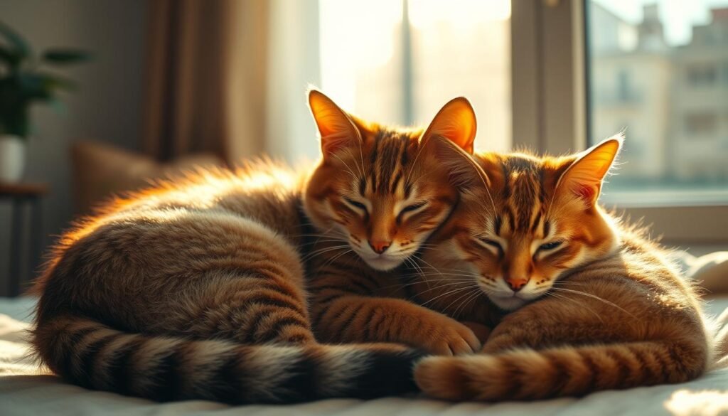 A cozy, well-lit interior scene featuring a pair of contented feline companions, their eyes half-closed and bodies curled up together, emanating a sense of tranquil relaxation. The cats are bathed in a warm, golden glow, as if basking in the afternoon sunlight filtering through a nearby window. The background is a softly blurred, inviting space, hinting at the secure, comfortable environment that allows the cats to fully embrace their natural inclination to communicate through gentle, rhythmic purring. The overall mood is one of domestic harmony and the deep, intuitive connection between these cats, conveying the essence of "comunicación felina" and the potential for similar soothing, social behaviors in humans.