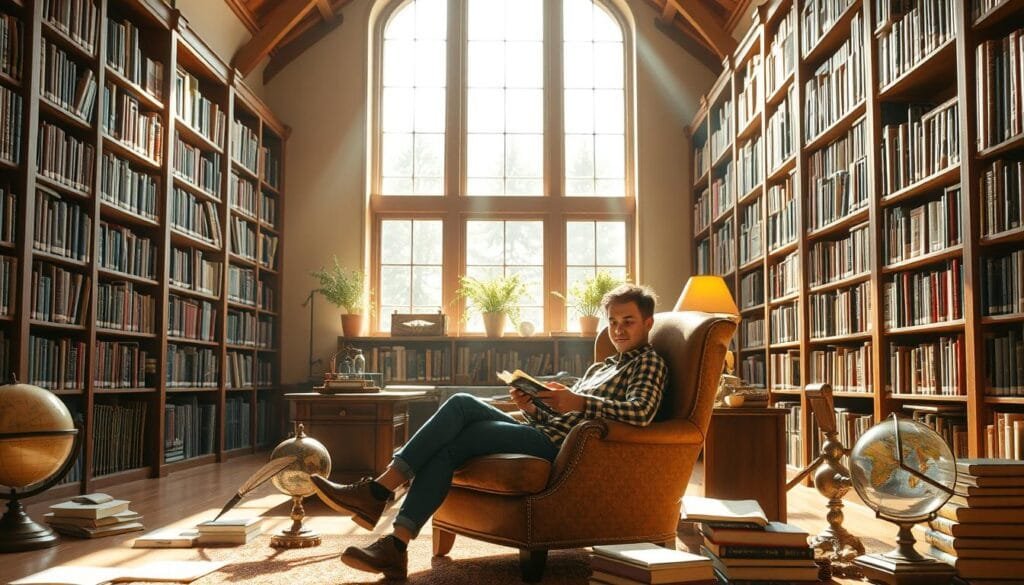 A cozy, well-lit library interior with floor-to-ceiling bookshelves lining the walls. Sunlight streams in through large windows, casting a warm, inviting glow over the scene. In the foreground, a person sits comfortably in an armchair, deeply engrossed in a book, their expression thoughtful and focused. Scattered around the room are various objects that suggest intellectual pursuits: a globe, a magnifying glass, a quill and ink pot. The atmosphere is one of quiet contemplation, where the act of reading and learning feels like a gateway to expanded knowledge and cognitive development.