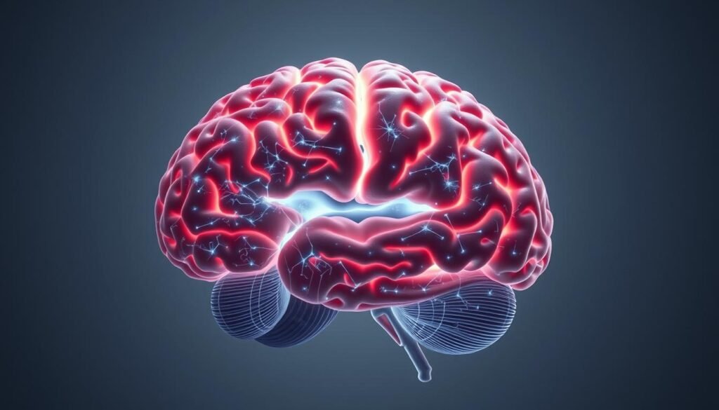 A cross-section of the human brain, rendered in photorealistic detail, illuminated by a soft, diffused light that casts subtle shadows. The various regions and neural pathways are visible, pulsing with a gentle, rhythmic glow, symbolizing the automatic, subconscious processes that govern our daily activities. The background is a muted, neutral tone, allowing the intricate neural network to take center stage. The overall composition conveys a sense of wonder and fascination at the invisible workings of the "automatic pilot" within our minds.