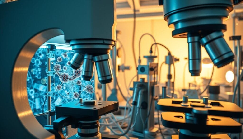 A cutting-edge scientific laboratory, filled with the intricate mechanisms of "mecanotransducción y nanopartículas". In the foreground, a state-of-the-art microscope peers into the microscopic world, revealing the dynamic interplay of nanoparticles and cellular structures. The middle ground is a maze of gleaming metal instruments, cables, and devices, each playing a vital role in the ongoing research. The background is bathed in a soft, warm glow, creating an atmosphere of quiet contemplation and discovery. The lighting is directional, casting subtle shadows and highlights that accentuate the technical details. The entire scene conveys a sense of scientific progress, innovation, and the boundless potential of pushing the boundaries of human understanding.