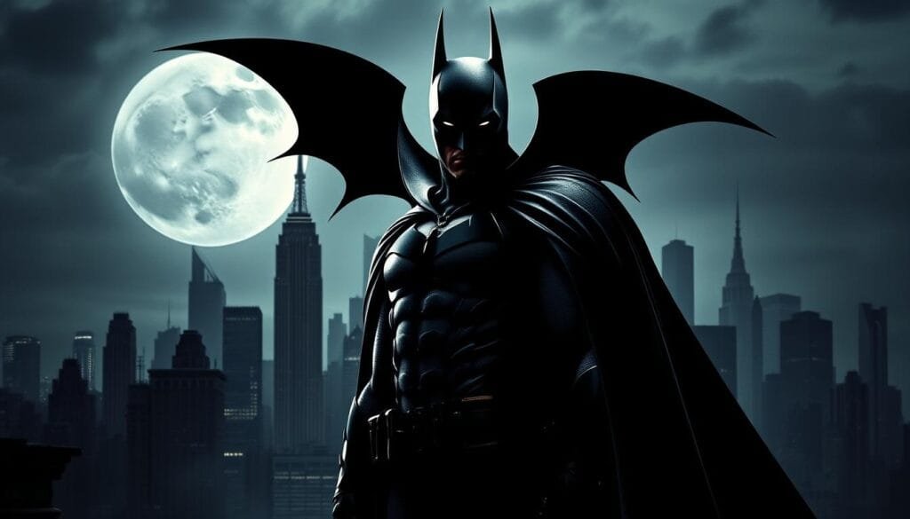 A dark, Gothic Gotham City skyline stretches out, its towering skyscrapers silhouetted against a moody, moonlit sky. In the foreground, a brooding, angular figure stands tall - Batman, his cape billowing dramatically, his cowl and suit evoking Tim Burton's distinctive, stylized vision. The lighting is dramatic, with deep shadows and highlights that emphasize the character's chiseled features and imposing presence. The overall atmosphere is one of mystery, tension, and a touch of the macabre, reflecting the director's distinctive aesthetic. The image captures the essence of Burton's influence on the Batman mythos, blending the character's iconic silhouette with the director's unique visual flair.