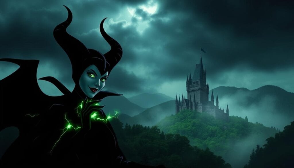 A dark and foreboding castle towering over a misty, enchanted forest. In the foreground, the imposing figure of Maleficent stands tall, her horned headdress silhouetted against the ominous sky. Maleficent's piercing gaze radiates power and malevolence, her fingers crackling with green magical energy. The lush, verdant forest in the middle ground contrasts with the gloomy castle, hinting at the hidden magic within. Dramatic lighting casts dramatic shadows, setting an ominous, mysterious tone. The overall scene evokes the sinister nature of the iconic Disney villain, her magical abilities, and the foreboding atmosphere of the "Sleeping Beauty" story.