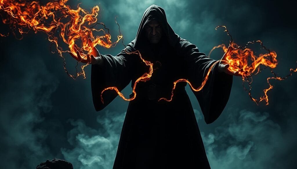 A dark and ominous magical trajectory emanates from the hands of a powerful wizard, casting an eerie glow across a shadowy, foreboding landscape. Tendrils of arcane energy coil and writhe, hinting at the wizard's immense mastery of forbidden sorcery. Cloaked in deep, billowing robes, the wizard's face is obscured, leaving only a sense of menacing mystique. Mist swirls at the wizard's feet, adding to the atmosphere of dark enchantment. Dramatic lighting casts dramatic shadows, heightening the dramatic, atmospheric mood. A brooding, Gothic aesthetic pervades the scene, capturing the essence of the wizarding world's darkest magical practices.