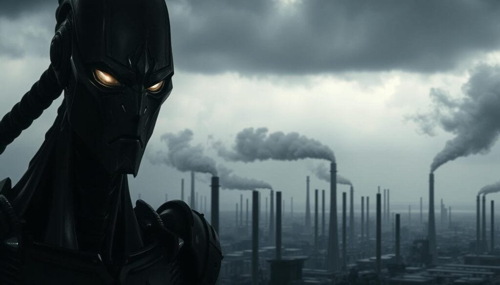 A dark, brooding scene set in a dystopian world. In the foreground, a towering, humanoid figure with a angular, metallic visage stares impassively, its eyes glowing with an unsettling intensity. Behind it, a vast, industrial landscape unfolds - a maze of towering structures, billowing smokestacks, and a gloomy, overcast sky. The lighting is dramatic, casting harsh shadows and highlights that accentuate the subject's imposing presence. The overall mood is one of unsettling power and a sense of foreboding, hinting at the complex, morally ambiguous nature of the figure's motivations. A cinematic, high-contrast style with a focus on strong, dramatic lighting and a sense of scale and grandeur.