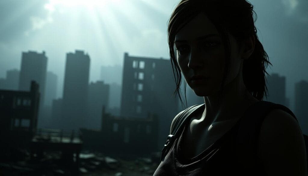 A dark, dystopian landscape of The Last of Us world, featuring Ellie standing in the foreground, her face a mask of determination and sorrow. The background depicts a ruined city, with crumbling buildings and a sense of post-apocalyptic desolation. The lighting is moody, with beams of sunlight cutting through the haze, casting deep shadows that accentuate the gritty, realistic style. The atmosphere is one of melancholy, hinting at the weight of Ellie's choices and the consequences she must face. The camera angle is slightly low, emphasizing Ellie's resolute stance and the gravity of the situation. The overall composition conveys a powerful, impactful narrative, capturing the essence of a pivotal moment in The Last of Us story.