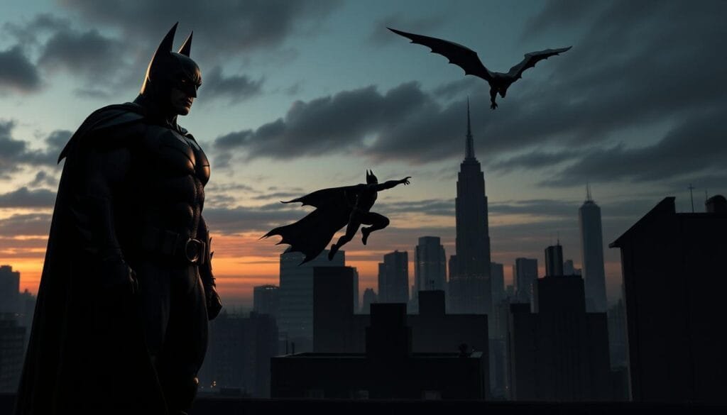 A dark, gritty cityscape at dusk, with various depictions of the Caped Crusader looming in the foreground, middle ground, and background. In the foreground, a brooding, muscular Batman stands resolute, his cape billowing dramatically. In the middle ground, an athletic, lithe Batman leaps between rooftops, batarang in hand. In the distant background, a more vintage, less armored Batman glides through the shadows. Moody lighting casts dramatic shadows, emphasizing the contrasts between the different Batmen. A sense of tension and conflict pervades the scene, hinting at the evolving nature of the Batman mythos over time.