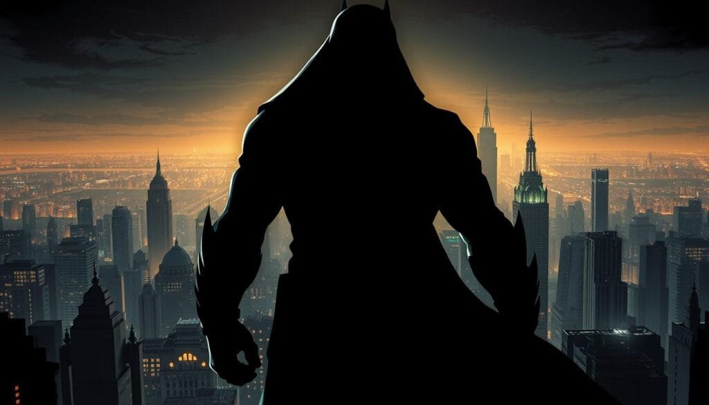 A dark, gritty urban comic book cover featuring a mysterious superhero silhouette in the foreground, bathed in a moody chiaroscuro lighting. The background depicts the skyline of a sprawling, neon-soaked Spanish city, hinting at the character's secret origins. The composition is bold, angular, and evocative of the golden age of European graphic novels. The overall aesthetic blends the classic comic book aesthetic with a distinct Spanish cultural influence, capturing the essence of the "Orígenes Secretos Superhéroes IA: La Evolución del Género en España" theme.