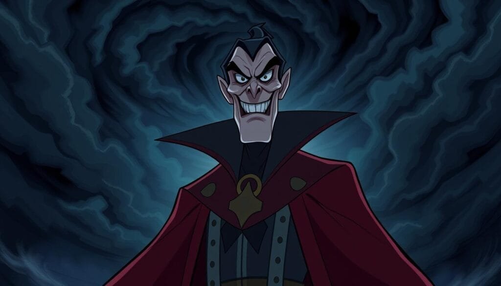A dark, iconic Disney villain standing tall in a dramatic, cinematic pose. Dramatic lighting casts deep shadows across their menacing features - sunken eyes, sharp cheekbones, and a twisted grin. They wear an ornate, high-collared robe in a rich, jewel-toned color, hinting at their wealth and power. The background is a swirling vortex of ominous clouds and turbulent, otherworldly energy, emphasizing the villain's connection to forces beyond the mortal realm. Rendered in a classic, hand-drawn Disney animation style with bold, expressive linework and a timeless, illustrative quality.