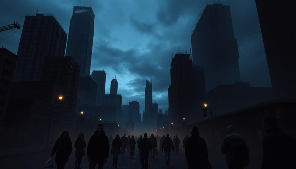 A dark, ominous cityscape at dusk, with towering skyscrapers and crumbling, abandoned buildings casting long shadows. In the foreground, a group of tourists wander through the eerie, fog-shrouded streets, their faces obscured by the gloom. The atmosphere is one of unease and morbid fascination, as if the very air carries the weight of past tragedies. The lighting is dramatic, with a moody, desaturated palette punctuated by the occasional flickering of streetlamps. The overall scene conveys the evolution of "dark tourism" - the human compulsion to seek out and experience sites of disaster, death, and suffering, in search of a deeper understanding of the human condition.