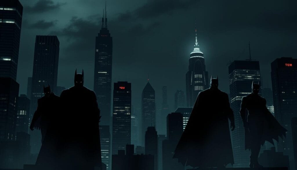 A dark, ominous cityscape at night, with towering skyscrapers and a foreboding atmosphere. In the foreground, the silhouettes of five distinct villains from the DC Comics universe loom, their sinister forms partially obscured by shadows. A sense of unsettling anticipation fills the air, hinting at the dangers that these future adversaries may pose. Dramatic, high-contrast lighting accentuates their menacing presence, while a subtle haze adds depth and mystery to the scene. The overall composition conveys a palpable sense of unease, foreshadowing the challenges that await the heroes of the DC universe.