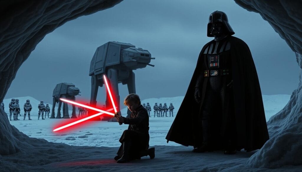 A dark, ominous scene set in the ice caves of Hoth. In the foreground, a towering figure clad in black armor and a flowing cape - Darth Vader, victorious in turning Luke Skywalker to the dark side. Luke, now kneeling before his father, clutches a crimson lightsaber, the glow casting an eerie shadow across his face, his eyes burning with a new-found hatred. In the middle ground, the massive form of the Imperial AT-AT walkers looms, their weapons primed, as Stormtroopers stand at the ready. The background is a desolate, icy wasteland, the sky a deep, foreboding gray, hinting at the Empire's complete dominance over the galaxy. The lighting is dramatic, with harsh shadows and stark contrasts, heightening the sense of darkness and despair.