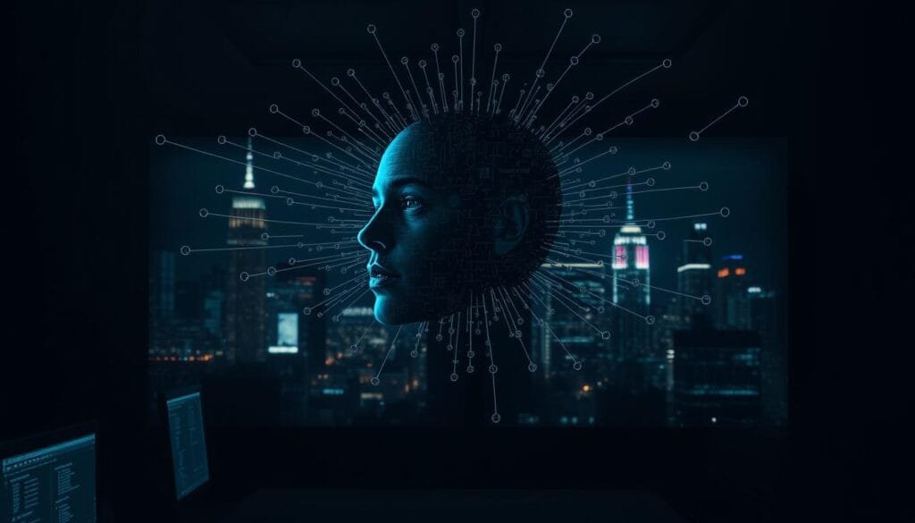 A darkened room, dimly lit by the glow of computer screens. In the foreground, a disembodied face hovers, its features distorted by lines and algorithms. Surrounding it, a swirling vortex of data, symbols, and ethical questions. In the background, a city skyline, its towering buildings and neon signs casting an ominous shadow over the scene. The atmosphere is tense, uneasy, a cautionary tale of the perils of unrestrained facial recognition technology. Dramatic lighting and a sense of unease pervade the image, conveying the weighty ethical challenges posed by this powerful tool.