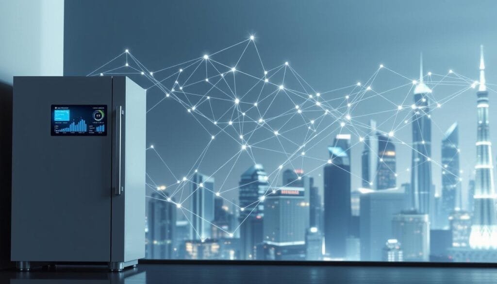 A data-driven evolution of the Internet of Things, showcasing a dynamic flow of information between interconnected devices. In the foreground, a sleek, minimalist home appliance, its display pulsing with real-time data visualizations. In the middle ground, a mesh of digital threads weaving a complex network, representing the exchange of sensor data. The background features a futuristic cityscape, with towering skyscrapers and glowing infrastructure, hinting at the vast, seamless integration of IoT systems. Soft, diffused lighting casts an ethereal glow, conveying a sense of technological progress and the fusion of the physical and digital realms. The overall composition evokes a vision of the evolving IoT landscape, where devices collaborate autonomously to enhance our everyday lives.