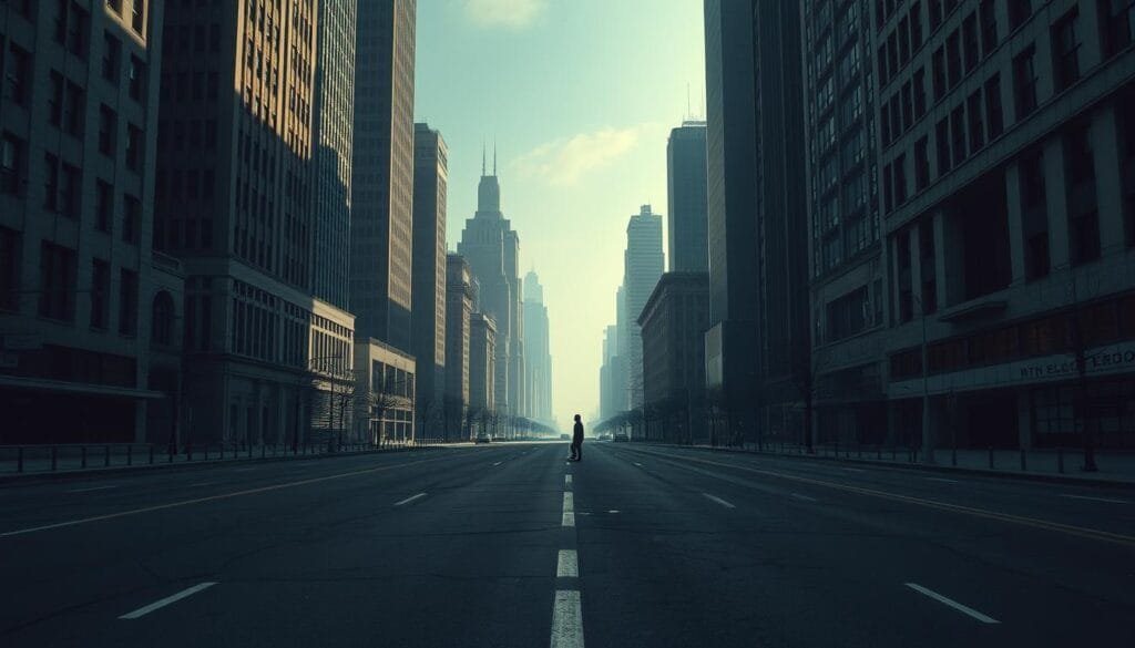 A desolate urban landscape, devoid of the familiar sight of leashed canines. Towering, monolithic structures loom overhead, casting long shadows across the empty streets. The air holds a weighted silence, a stark contrast to the lively bustle one might expect. In the distance, a lone figure wanders aimlessly, a poignant symbol of the social impact of a world without man's best friend. The scene evokes a sense of unease, a tangible void where the companionship and comfort of domestic dogs once resided. Muted tones and a somber mood pervade the frame, inviting the viewer to contemplate the profound societal implications of a life without the companionship of canines.
