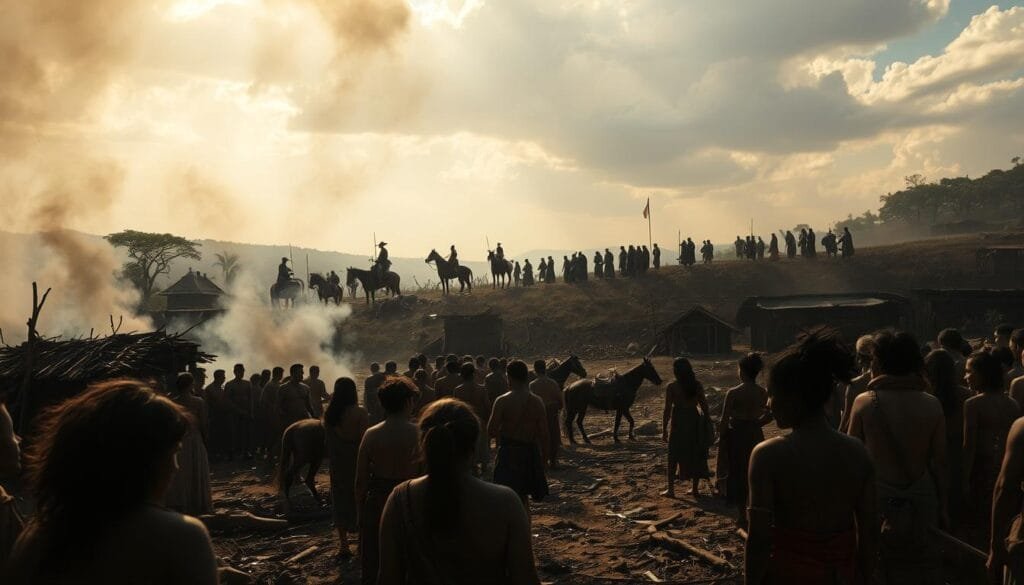 A desolate village in the shadow of colonial structures, indigenous people gather in mourning. Smoke rises from burned huts, their once vibrant way of life destroyed. Faces etched with despair, a people's identity fading. In the distance, conquistadors on horseback survey the conquered land, their imposing presence a stark contrast to the defeated indigenous community. Dappled sunlight filters through the haze, highlighting the crushing weight of colonization. A somber, cinematic scene capturing the devastating impact on native populations. Realistic, gritty, and emotionally resonant.