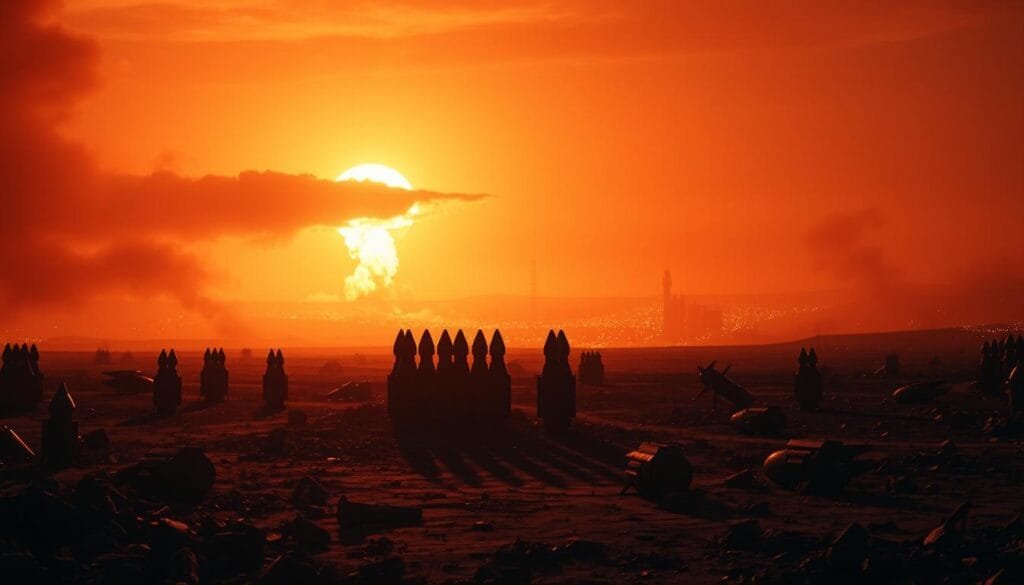 A desolate, war-torn landscape bathed in an eerie, ominous glow. In the foreground, a cluster of nuclear warheads stand as silent sentinels, their ominous silhouettes casting long shadows across the rubble-strewn ground. The sky is a sickly shade of orange, thick with the haze of radioactive fallout, while in the distance, the flickering flames of burning cities cast an ominous glow. The scene conveys a palpable sense of dread and the overwhelming destructive power of nuclear conflict, a harrowing vision of the catastrophic consequences should the Cold War have turned "hot."