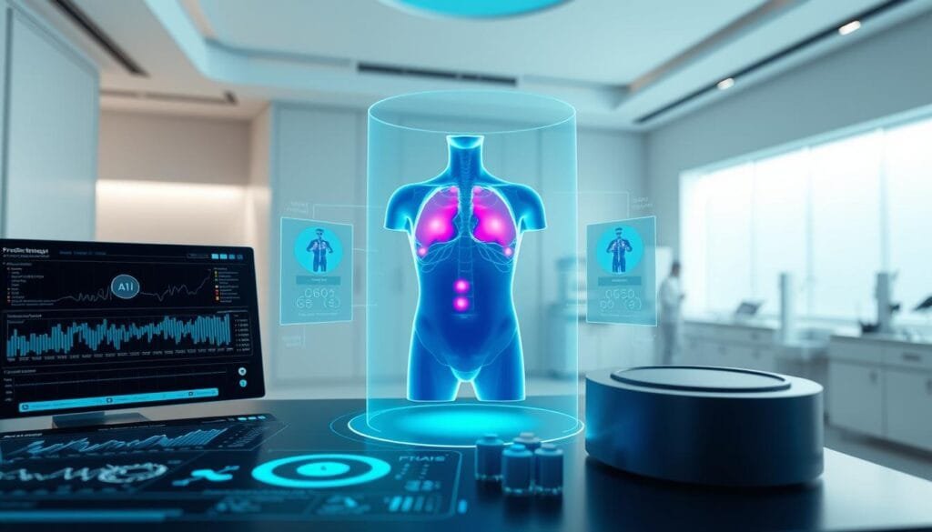 A detailed 3D render of predictive radiotherapy models, displayed on a clean, minimalist medical interface. The models are depicted in shades of blue and purple, with a sleek, cutting-edge aesthetic. The foreground features various data visualizations and analytics related to the models, presented in a clear, intuitive manner. The middle ground showcases a holographic projection of a human torso, highlighting the areas targeted by the radiotherapy. The background is a serene, clinical environment with subtle lighting and a sense of scientific precision. The overall mood is one of technological advancement, precision, and the application of AI in modern medical research.