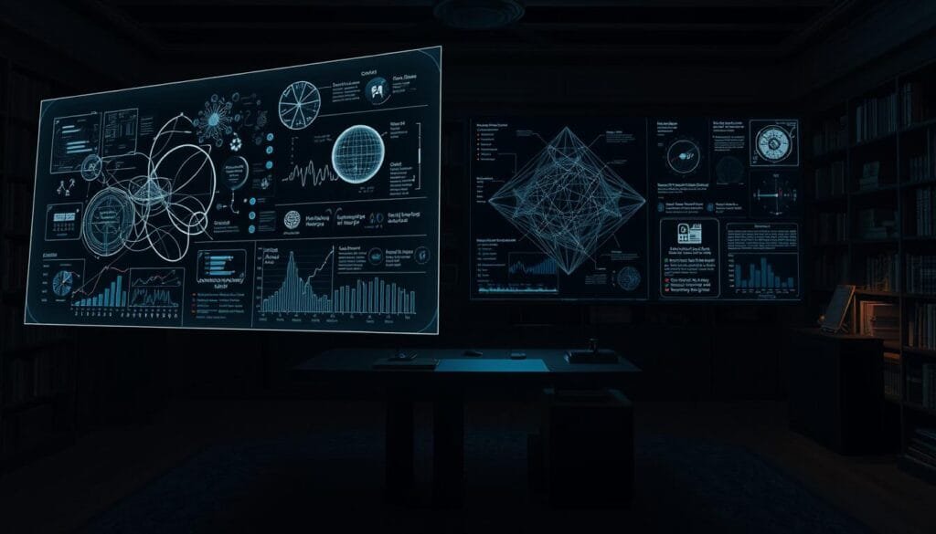 A detailed analysis of narrative patterns unfolds in a dimly lit study. In the foreground, a floating holographic interface displays complex graphs, charts, and data visualizations, illuminating the underlying structures and tropes of the antihero's journey. The middle ground features an imposing desk, with a sleek AI processing unit and a large display screen, showcasing the culmination of the investigation. In the background, bookshelves and dark, moody lighting create an atmosphere of deep contemplation and intellectual rigor. The scene conveys a sense of the AI's methodical and insightful exploration of the enduring appeal of the antihero archetype.
