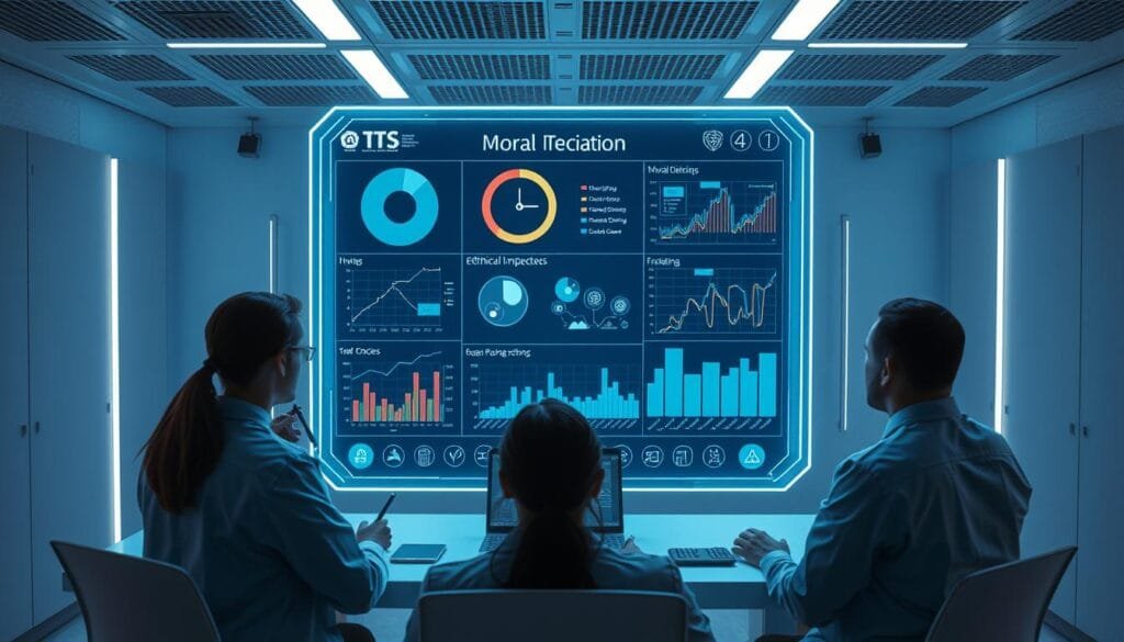 A detailed analysis of players' moral decisions in a video game world. A holographic interface displays data visualizations, charts, and models evaluating the ethical implications of in-game choices. A team of researchers in a futuristic, minimalist office setting examine the screen with intense focus, surrounded by sleek technology. Soft, cool lighting illuminates the scene, creating an atmosphere of academic inquiry and technological sophistication. The image conveys the sense of an AI system meticulously analyzing the complexities of moral decision-making in interactive entertainment.