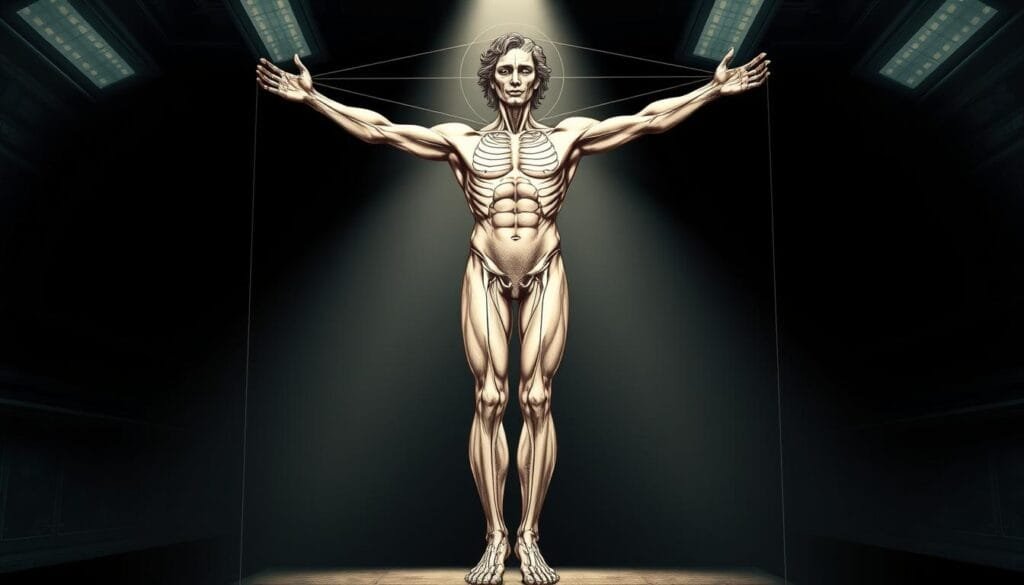 A detailed anatomical illustration of the Vitruvian Man, showcasing the scientific principles and proportions of the human body. The figure is depicted in a dynamic, flowing pose, with a blend of realism and digital aesthetics. Visible are the intricate muscle structures, bone alignments, and Leonardo's signature geometric overlays, all rendered in a muted, scientific color palette. The background features a dimly lit, laboratory-like environment, creating an atmosphere of intellectual inquiry and artistic exploration. Dramatic lighting casts dramatic shadows, highlighting the subject's form and accentuating the sense of depth and dimensionality. The overall impression is one of a harmonious synthesis between the artistic and the scientific, reflecting the boundless potential of human knowledge and creativity.