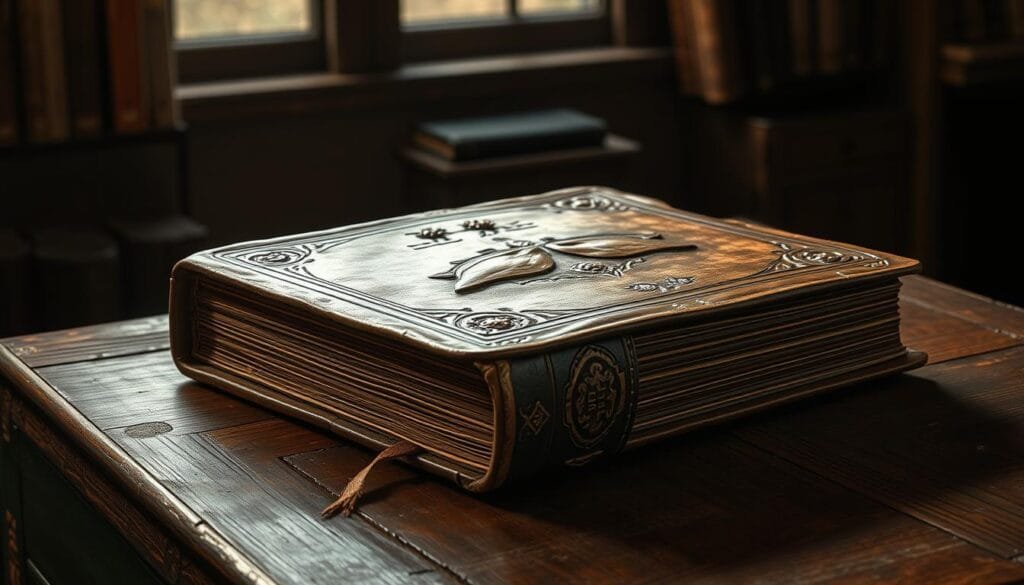 A detailed and historically accurate illustration of "encuadernación histórica" (historical bookbinding). Depict an old, leather-bound book with intricate tooled designs on the cover and spine, resting on a wooden table in a dimly lit study. Capture the weathered, aged appearance of the binding, with subtle cracks and discoloration hinting at the book's historical provenance. Soft, directional lighting illuminates the textured surfaces, casting gentle shadows that accentuate the craftsmanship. Arrange the composition to showcase the book's spine and cover, allowing the viewer to appreciate the evolution of this historical binding technique.