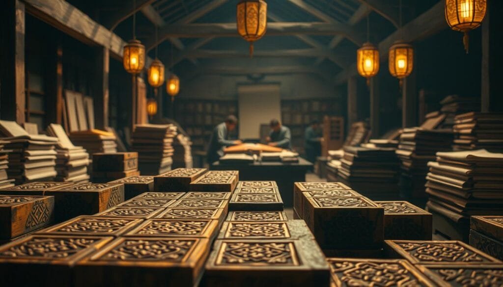 A detailed, antique-style block printing scene set in ancient Asia. In the foreground, intricately carved wooden blocks are inked and carefully pressed onto paper, their geometric patterns emerging in rich, earthy tones. In the middle ground, skilled artisans work with precision, surrounded by stacks of freshly printed pages. The background is a serene, dimly lit workshop, with wooden beams, hanging lanterns, and the faint scent of aged ink. The lighting is soft and warm, casting a golden glow that enhances the timeless, handcrafted quality of the scene. The overall atmosphere is one of reverence for the origins and evolution of this ancient printing technique.