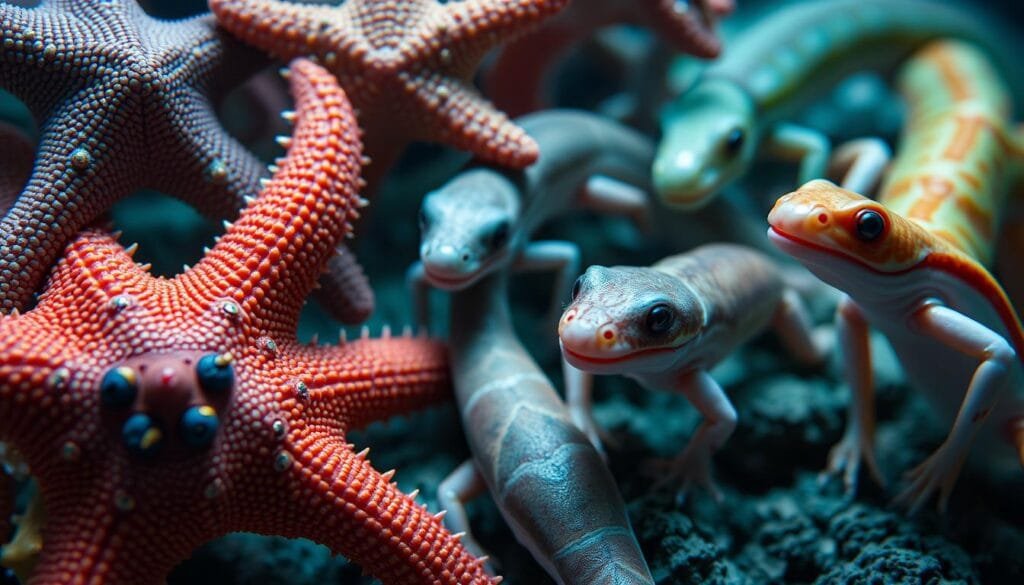 A detailed close-up of various animal models known for their remarkable regenerative abilities, such as starfish, axolotls, and salamanders. The subjects are shown in a natural, underwater setting with subtle lighting that accentuates their intricate anatomical features and vibrant colors. The composition focuses on the regenerative processes, highlighting the remarkable capacity of these creatures to regrow lost limbs, organs, and even entire body parts. The overall atmosphere conveys a sense of scientific wonder and fascination with the potential applications of these regenerative mechanisms in the field of human medicine.