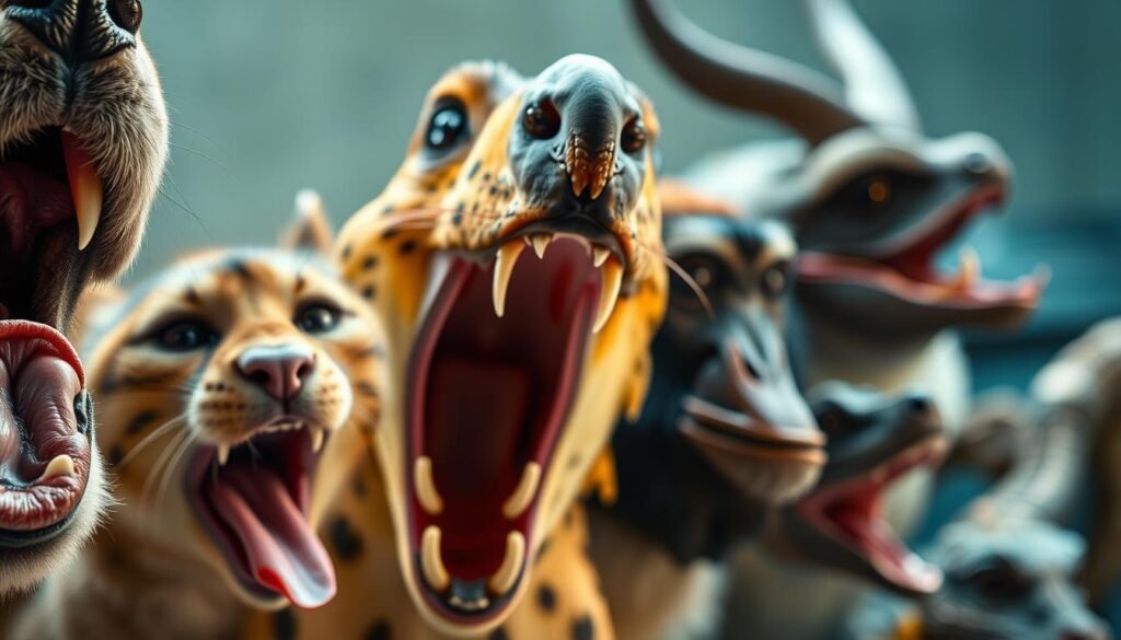 A detailed close-up view of a group of diverse animal mouths, tongues, and vocal cords, captured with cinematic lighting and depth of field. The foreground features a close-up of a canine, feline, and avian vocal apparatus, showcasing the complex mechanisms and unique adaptations that enable animal vocalization. The middle ground includes a variety of other animal mouths, including those of primates, ungulates, and reptiles, all displayed in vivid detail. The background fades into a softly blurred, ethereal environment, emphasizing the technical and biological focus of the image. The overall mood is one of scientific curiosity and wonder, inviting the viewer to appreciate the remarkable diversity of animal communication abilities.