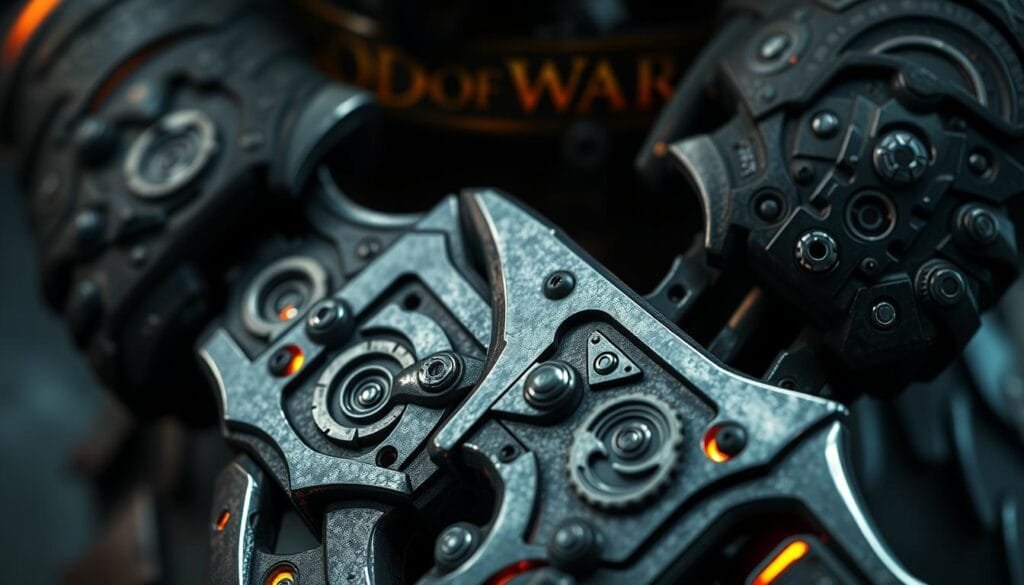 A detailed close-up view of the intricate mechanical components and technical details that make up the iconic Blades of Chaos wielded by Kratos, the titular God of War. The blades are depicted in a dramatic lighting setup, showcasing their sharp edges, fiery runes, and the meticulously crafted metal alloy from which they are forged. The camera angle emphasizes the weight and power of these legendary weapons, capturing the engineering prowess and craftsmanship that went into their design. The overall mood is one of awe and reverence, befitting the significance of these tools in Kratos' mythic journey.