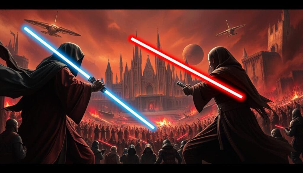 A detailed community analysis of epic confrontations between dark sorcerers and Jedi knights. In the foreground, two powerful Force-wielders clash with their lightsabers, their faces obscured by billowing cloaks. The middle ground shows a crowd of spectators, their expressions a mix of awe and terror, as they witness the clash of light and dark. The background depicts a vast, war-torn cityscape, its towering spires and crumbling edifices painted in hues of crimson and shadow, evoking the intensity of the struggle. Dramatic chiaroscuro lighting casts dramatic shadows, heightening the sense of danger and mystery. Capture the epic scale and visceral energy of this communal analysis of legendary Force confrontations.